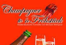 Broschmann & Finke Theater Company präsentiert: Champagner to´n Fröhstück Champagner Flasche und Gläser auf rotem Hintergrund, festliche Stimmung.
